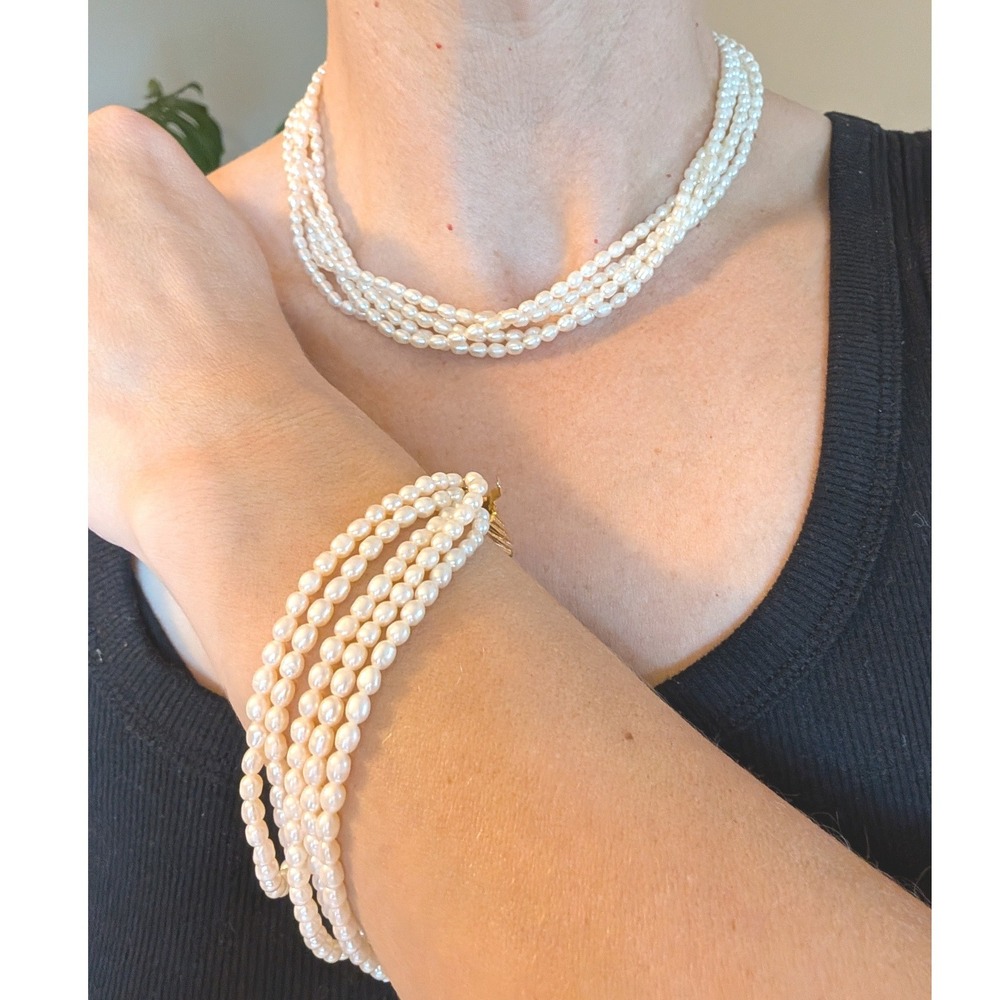 Vintage 4 Strand Freshwater Rice Pearl Necklace and Bracelet Set Gold Tone Clasp